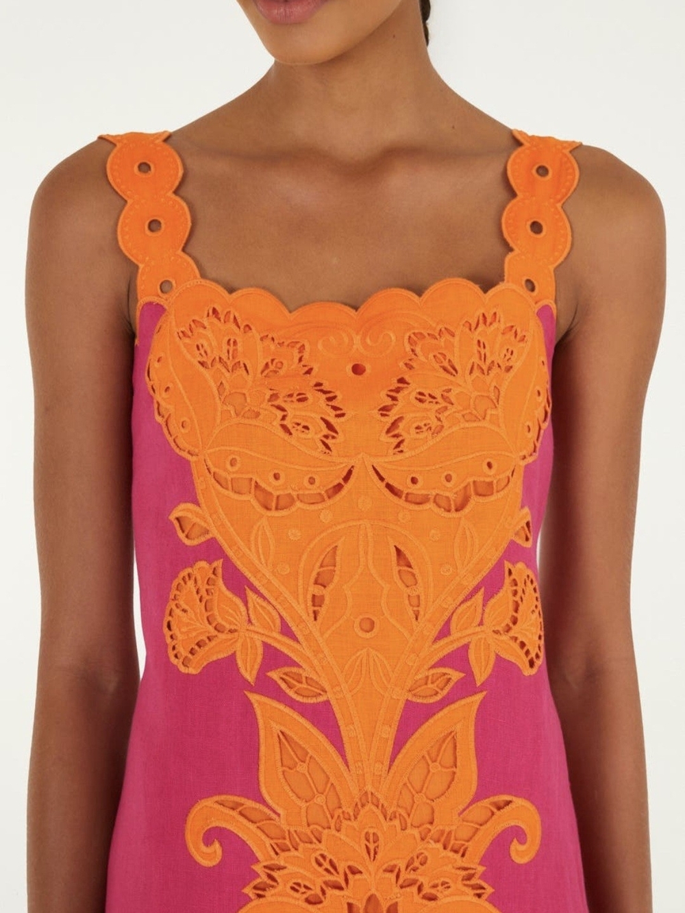 FARM Rio Pink Orange Cutwork Sleeveless Linen Midi Dress - Picture 2 of 5